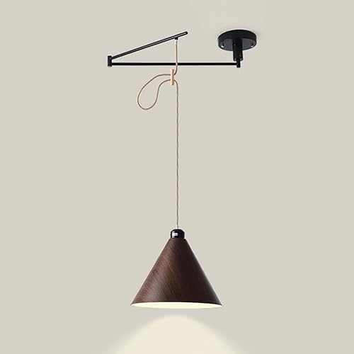 Miniatura 2 de Lámpara colgante ajustable con brazo oscilante, lámpara colgante de metal negro, lámpara de techo de grano de madera nórdica, iluminación moderna de