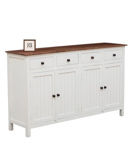 Image of Solid Wood Madrid (L) Sideboard for Living Room | Kitchen Storage Cabinet | Crockery Storage Unit | Storage Cabinet (Finish- Natural and Premium Pearl White Distressed Edge)
