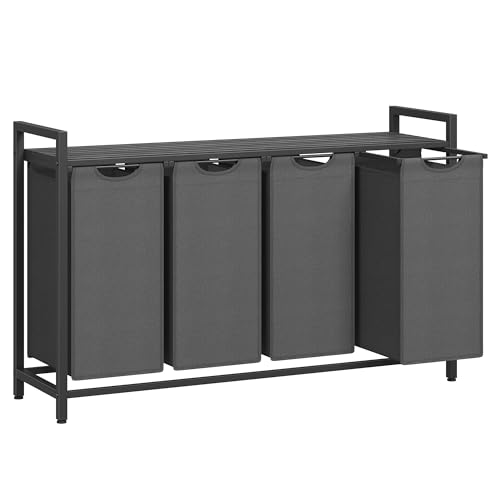VASAGLE Laundry Basket, 4-Compartment Laundry Hamper, Pull-Out and Removable Laundry Bags, Laundry Sorter, Shelf, Metal Frame, 4 x 40L, 116 x 33 x 72 cm, Black and Grey BLH401G01