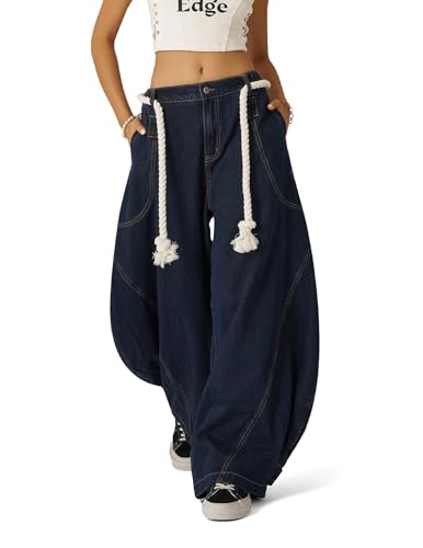 Aelfric Eden Super Baggy Barrel Jeans Wide Leg Jeans Unisex Casual Drawstring Elastic Waist Denim Pants Trouser Blue