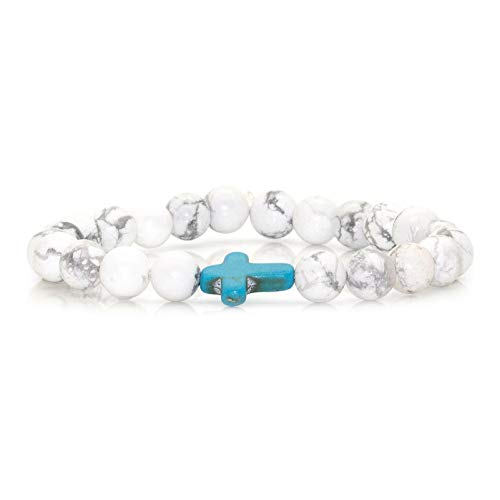 Image of Xusamss Fashion Religious Cross Bracelet 8mm Tiger Eye Turquoise Beads Elastic Bracelet,7 1 /2 wrist