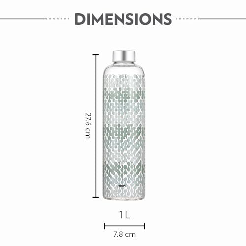 Image of Borosil 1L Artisan Water Bottle Set with Steel Lid | Borosilicate Glass Narrow Mouth Bottle for Fridge | Extreme Temperature Resistant For Hot & Cold Water, Milk, Lassi, Juice (Pack of 2, Vista)