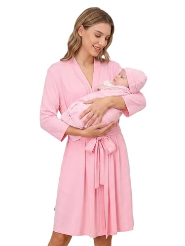 Image of Sxiwei Mummy and Me Hospital Outfit Robe Swaddle Hat Set Pink XL