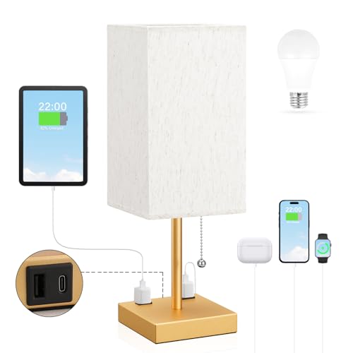Image of Gold Bedside Lamp for Bedroom - 3 Color Temperatures, USB A+C, 2 AC Outlets