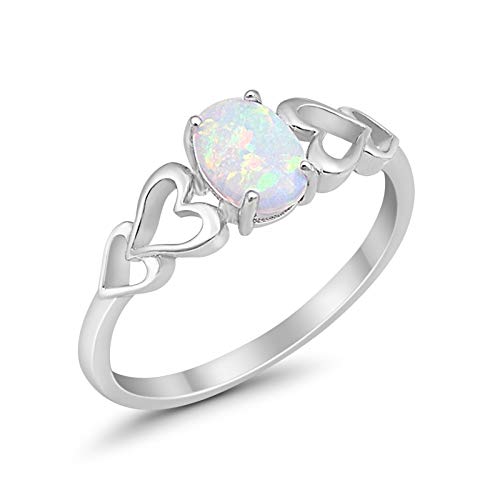 Blue Apple Co. Solitaire Promise Ring Oval Lab Created White Opal Heart Accent 925 Sterling Silver, Size-4