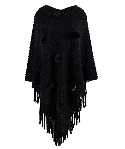 Image of xxxiticat Women's Tassel Poncho Scarf Batwing Sleeve Loose Fringe Hem Round Ball Cape Shawls Knitted Pullover Sweaters