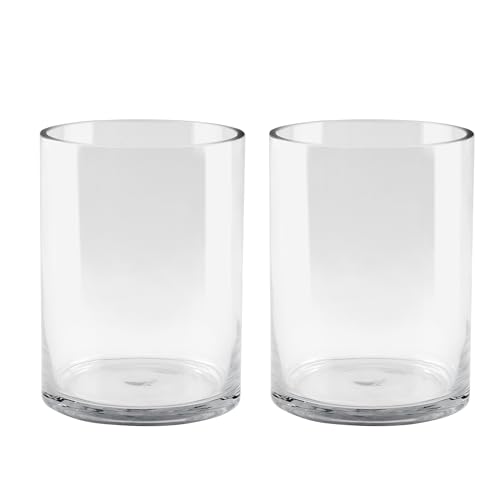 6" Wide 8" High Large Hand Blown Sturdy Clear Cylinder Glass Vase, Centerpiece Flower Vase for Rose, Tulip, Boquets, Hurricane Candle Holder (2, 6"x8")