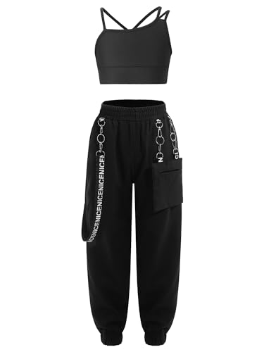 TTAO Kids Girls Street Dance Costume Hip Hop Performance Clothes Lace Up Crop Top with Cargo Pants Tracksuit Black 11-12 Years