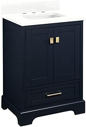 Signature Hardware 483365 Quen 24" Free Standing Single Basin Vanity Set with Cabinet, Vanity Top, and Undermount Sink - 3 Faucet Holes - Midnight Navy Blue/Feathered White Quartz
