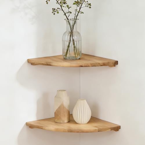 GAOUTO Lot de 2 étagères d'angle suspendues : étagère d'angle suspendue en bois massif, extrémités rondes, style maison de campagne, étagère pour...