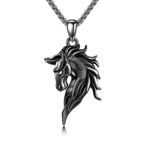 Black/White Horse Pendant Necklace 925 Stelring Silver Equestrian Horse Jewelry Gift for Men Stainless Steel Rolo Chain 22+2inches