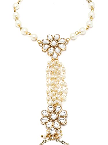 Image of Karatcart Gold Plated Baby Pink Pearl Chain Kundan Hathphool
