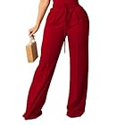 PINSV Women's Casual Wide Leg Pants High Waisted Drawstring Baggy Sweatpants Elastic Straight Leg Lounge Pants Red XXL
