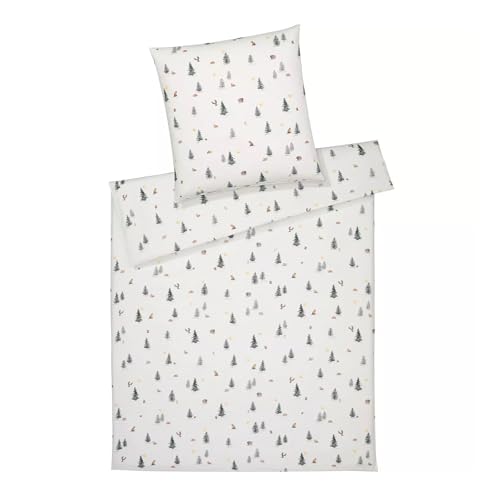 Elegante Flannel Bed Linen Winter Forest 135 x 200 cm with Pillow 80 x 80 cm, Soft Flannel Winter Bed Linen Made of 100% Cotton, Forest Animals on White Motif, Cuddly Warm, Concealed Zip
