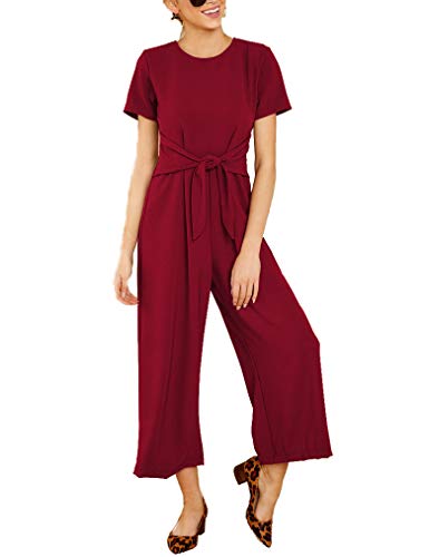 Qearal 2020 Women's Summer Casual Chiffon Short Sleeve Tie Waist Wide Leg Jumpsuits High Waisted Long Rompers (XL, Burgundy)