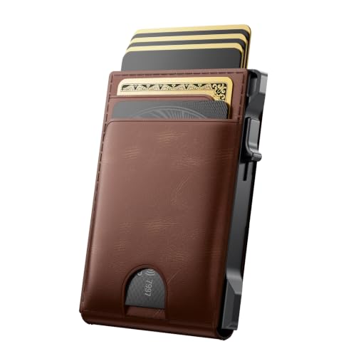 avanture Wallet for Men Card Holder: Pop Up Card Case, Genuine Leather, Smart, RFID Blocking, Slim, Minimalist, Thin, Front Pocket - 12 Card Capacity, ID Window, Money Clip (Brown)
