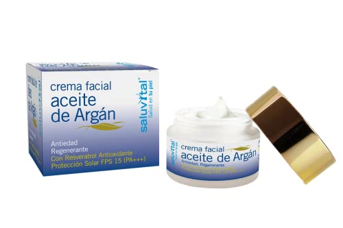 Saluvital Crema Facial de Aceite de Argán con protección solar FPS15 | Crema de día 50ml | Crema regenerante e hidratante