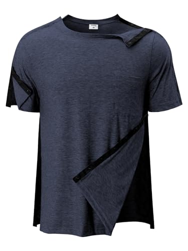 Image of Post Shoulder Surgery Shirts for Men Tear Away Recovery Short Sleeve Full Open Side Snap Chemo Adaptive Shirt