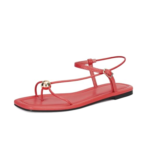 GTBINGGO Red Strappy Flat Sandals for Women Comfortable Open Square Toe Slingback Sandals Dressy Beach Thong Flip Flop Slides Sandals
