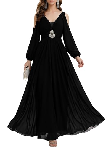 Ever-Pretty Women's Formal Dresses Long Sleeves Cold Shoulder Crystal Evening