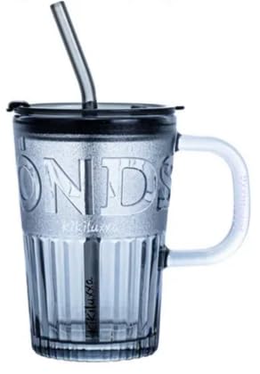 KiKiluxxa Black Glass Kids Fruit Juice Milk Sipper Tumbler Mug with Straw and Lid - Pacl of 1 - Green Tea Coffee Soda Can Cup with Straw (B Pondo 1) 435 ml