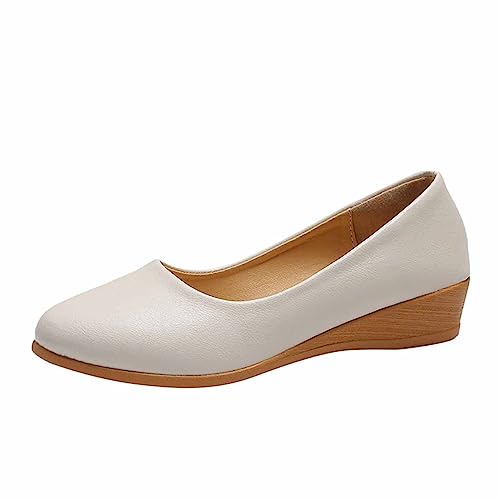 MSYINGL Women's Wedge Pumps,Leather Low Heeled Round Toe Wedge, Slip on Dress Pumps Shoes,Work Casual Walking Shoes