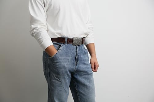 Men's Leather Belt Western Cowboy Floral Engraved Buckle Belts for Men Jeans, Embossed Scrollwork Vintage Style3