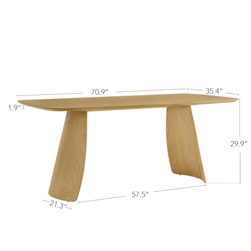 Image of CHITA 71 inch Modern Dining Table for 6, Rectangle Wood Kitchen & Dining Room Table, Solid Rubberwood Frame, Bentwood Legs, Oak Venner