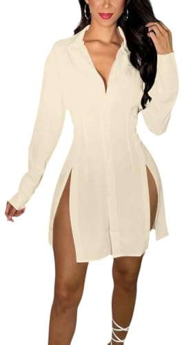 Image of Shirt Dress for Women Sexy Button Down Date Night Dresses Ruched Slit Stand Collar Long Sleeve Blouses