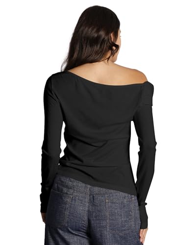 Women's Off One Shoulder Sweater Wool Blend Long Sleeve Lightweight Base Layer Tops4
