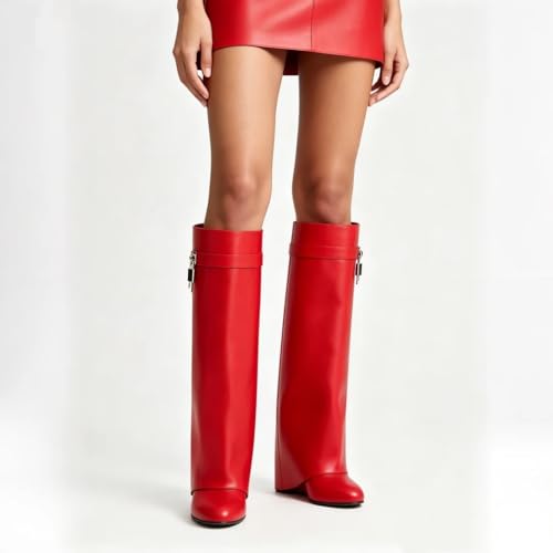 Image of keleimusi Fold Over Wedge Boots Heeled PadLock Pant Knee High Shoes Tall /Short Booties