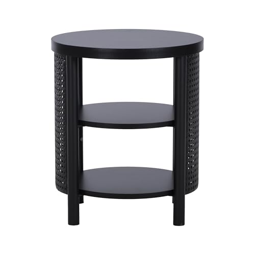 Image of 3 Tire Small Round Side Table with Iron Rattan, 17 inch Farmhouse Bohemian End Table with Storage Shelf, Wood Nightstand for Living Romm Sofa Couch, Bedroom (Black)
