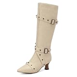 Qynthra Botas hasta La Rodilla Mujer Cuero con Doble Correa Hebilla Tacón Bajo De Madera Montar Exterior Casual Duradero,Beige,38 EU