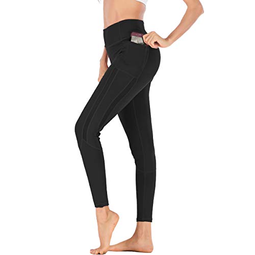 Bebling Leggings de Yoga en Mesh à Taille Haute pour Femmes avec Poches latérales, Pantalon de Yoga pour entraînement avec contrôle du Ventre - Noir