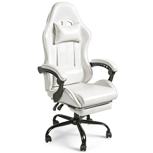 Image of Gaming Chair, Ergonomic Computer Chair with Footrest and Lumbar Support, Height Adjustable Office Chair with 360 Swivel Seat and Headrest (White)