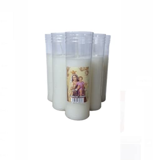 Pack de 6 velones V-7 con estampación de la virgen del carmen blanco