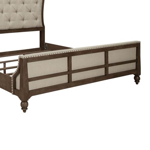 Liberty Furniture Americana Farmhouse King Shelter Bed in Beige with Button-Tufted Upholstered Headboard and Deconstructed Design