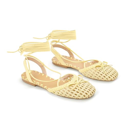 Image of Woven Ballet Flats for Women Lace Up Closed Square Toe Summer Flats Shoes