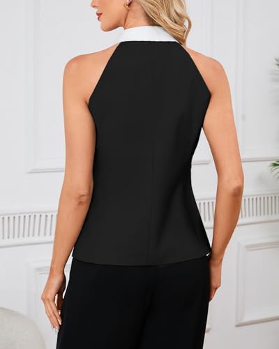 YEXPINE Women\'s Color Block Halter Neck Vest Button Down Sleeveless Blazer Vest