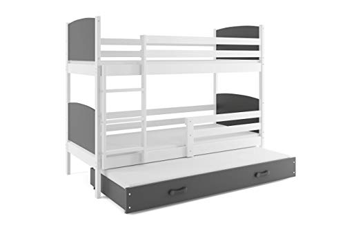 Interbeds Cama litera Triple, Tami, para niños y niñas, para colchones 190X80, (colchones,somieres y cajón Gratis), Color Blanco, los Paneles (Gris)