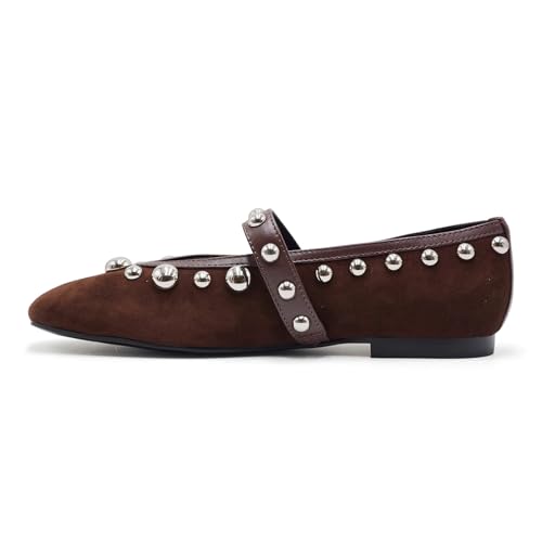 Studded Suede Ballet Flats for Women with Leather Strap Round Toe Slip on Ballet Shoes Comfortable Dessy Shoes