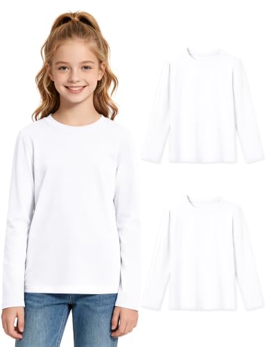 Image of KEREDA 2 Pack Girls Long Sleeve T Shirt Kids Plain Basic School Uniform Top Soft Stretchy Crew Neck Tee White for Age 13-14 Years