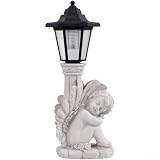 Angelo a colonna romana a energia solare, luce commemorativa da giardino in resina con finitura anticata, resistente alle intemperie, decorazione per tomba per patio, cortile, grigio (angelo destro