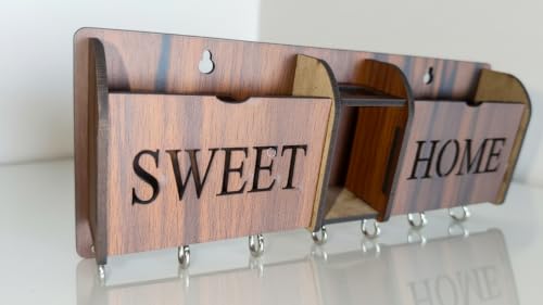 Image of Wall Mount Key Holder & Mail Organizer | Laser-Cut Key Hanger with 7 Metal Hooks, Letter Rack & Pen Stand | Wooden Wall Decor for Entryway, Living Room, Home & Office (Sweet Home)