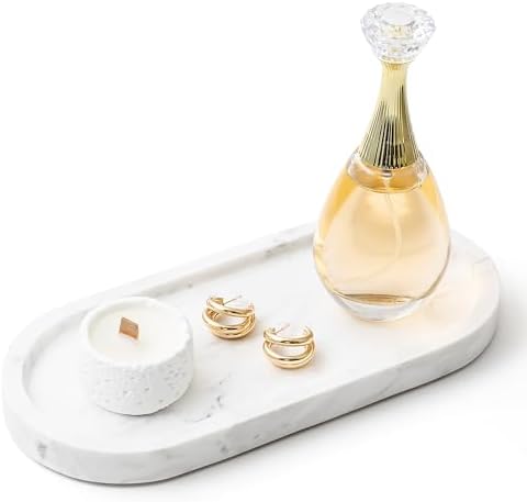 WORHE Natural Marble Vanity Tray Italy Oval Stone Trays for Candl...