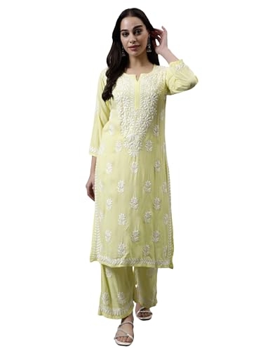 Image of Seva Chikan Hand Embroidered Lucknowi Chikankari Rayon Kurta and Palazzo Set SCL8037