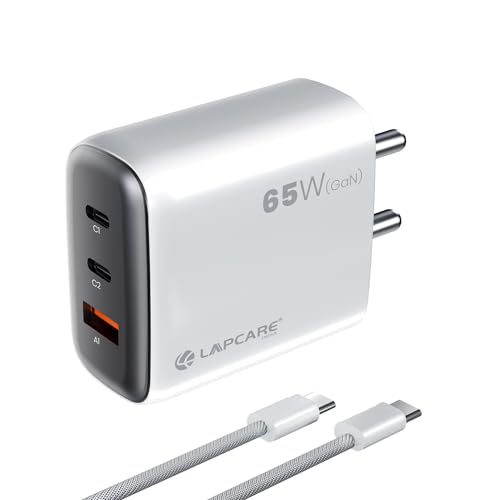 Image of LAPCARE Trio Thumby 65W GaN Wall Charger - Dual USB-C PD & USB-A Fast Charger, Compact 3-Port Compatible Adapter for MacBook, iPhone, Samsung, iPad, and More