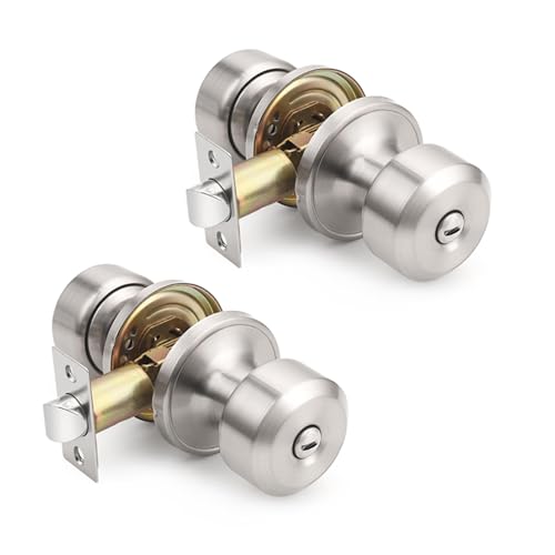KNOBWELL Interior Door Knobs with Cylindrical Shape Knob, Brushed Nickel Door Knob for Bedroom Bathroom, Keyless Privacy Door Knob with Lock, Stainless Steel Door Handle, 2 Pack
