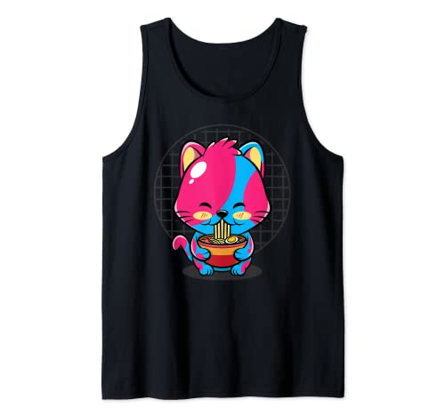 Anime Kawaii Cat Eat Ramen Vaporwave 90's Aesthetic Japanese Tank Top