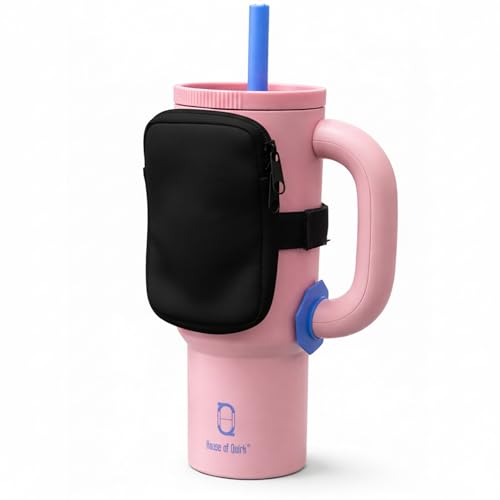 Image of House of Quirk Water Bottle Carrier Bag for Cards, Key 40 /30 oz Tumbler Neoprene Water Bottle Holder Pouch with Adjustable Strap (Black)